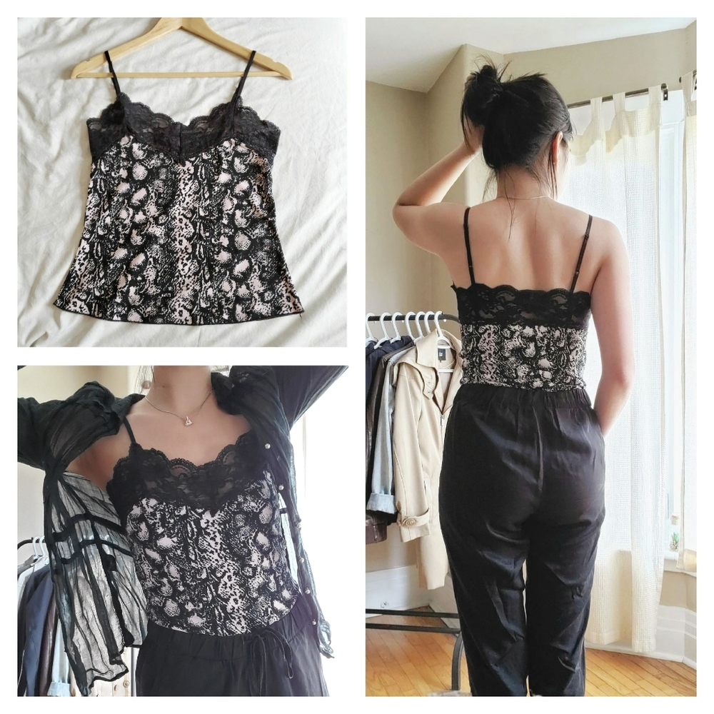 Black & Pink Seaside Print Lace Camisole
